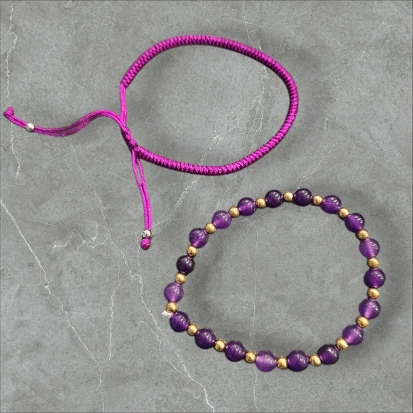 2 Piece Layered Amethyst Beaded Stretchy Rope Tie Bracelets - Picture 1 of 2